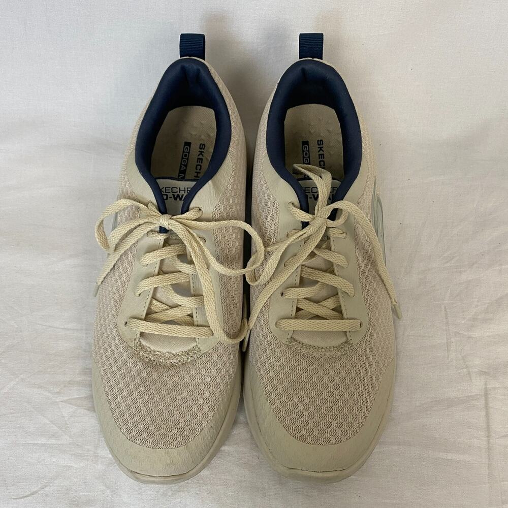 Skechers Womens 8 Sneakers Air Cooled Goga Mat Mesh Lace Up Tan Navy Blue 54060 - Picture 4 of 12